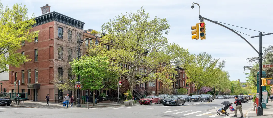 Brownstones and street trees at 8th Avenue and 9th Street in Park Slope, Brooklyn, on a spring afternoon